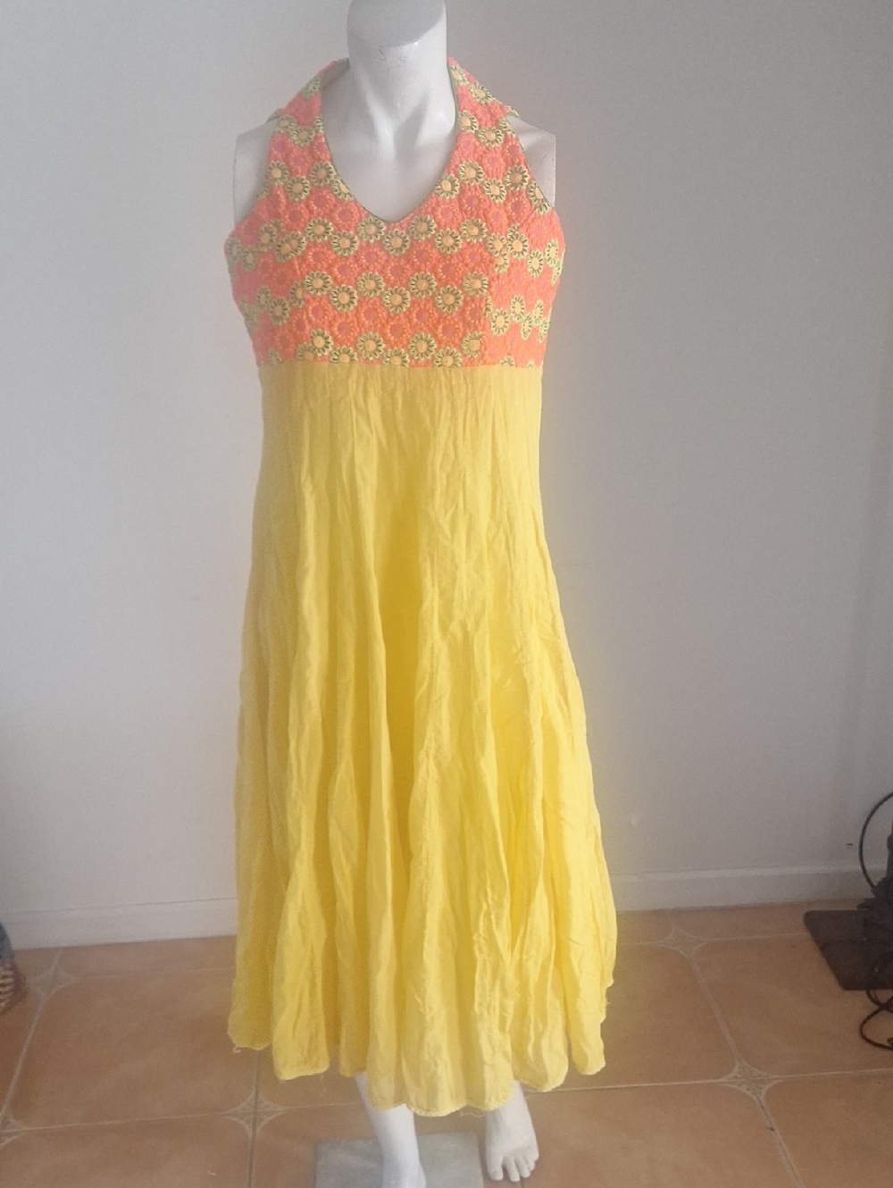 Gorgeous Bright Yellow Midi Summer Be A ch Dress with Floral  Bodice Sz36 Or 8